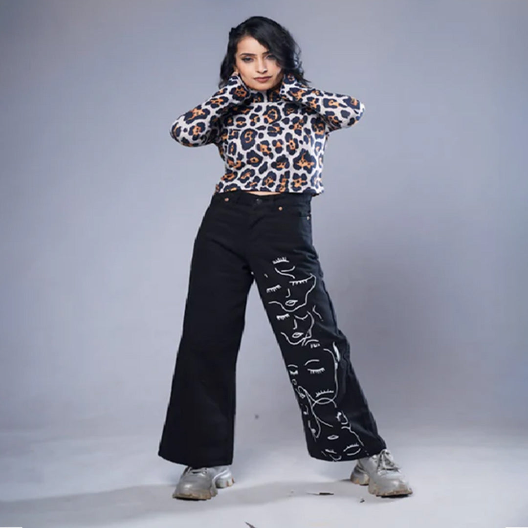 Face Printed Wide Leg Denim Jeans