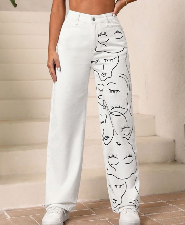 White Face Printed Wide Leg Denim Jeans