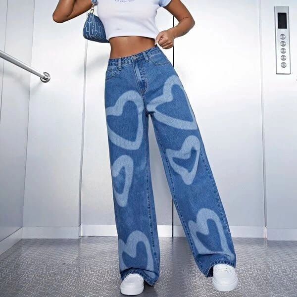 Mid Blue Big Heart Wide Leg Denim Jeans