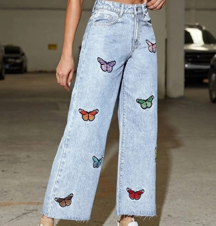 Ice Blue Butterfly Wide Leg Denim Jeans