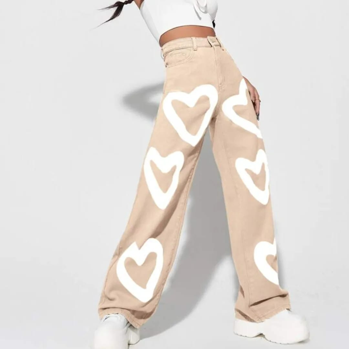 Beige Heart Printed Wide Leg Denim Jeans