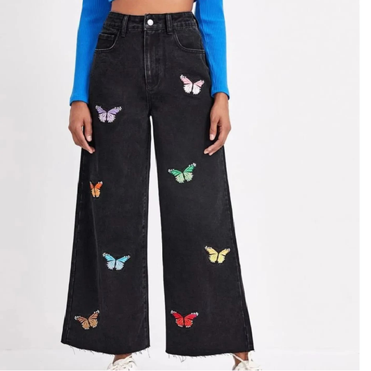 Black Butterfly Wide Leg Denim Jeans