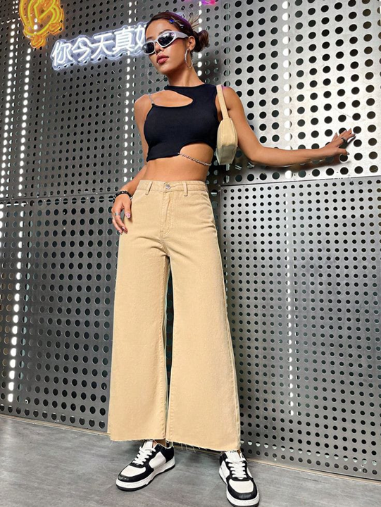 Beige Basic Wide Leg Denim Jeans