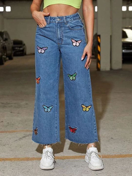 Mid Blue Butterfly Wide Leg Denim