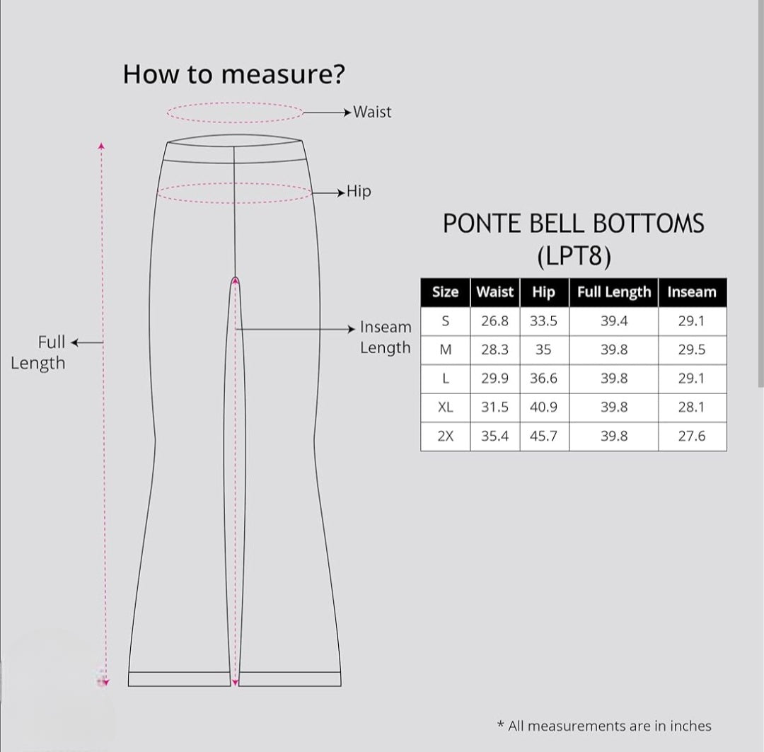 Size chart for Bell Bottom Jeans