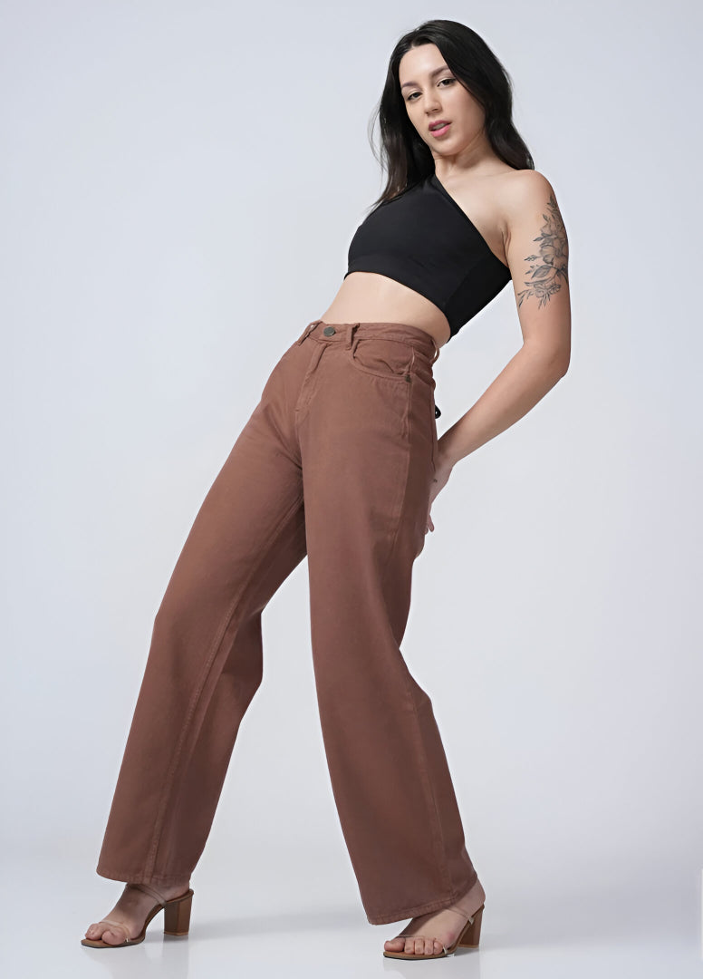 Brown Basic Wide Leg Jeans