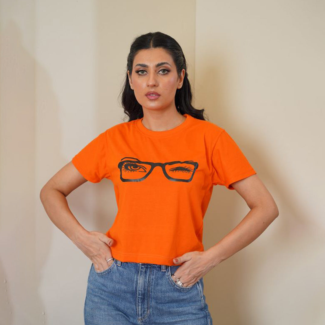 Glasses Print Orange Croptop