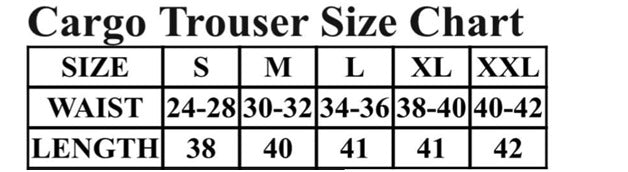 Size chart for Olive Green Cargo Trouser