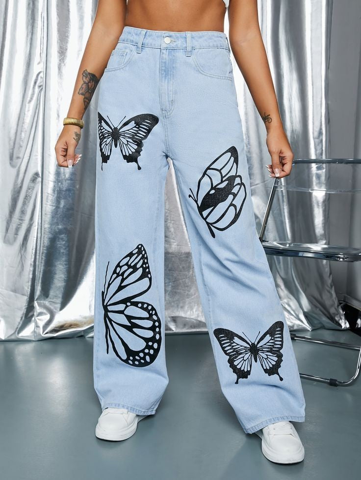 Ice Blue Butterfly Wide Leg Jeans