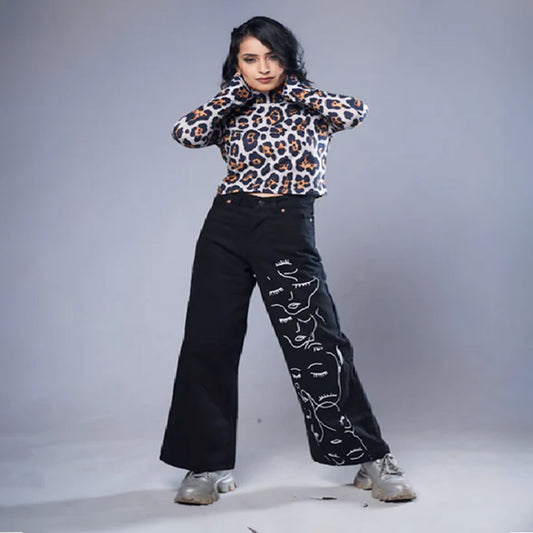 Face Printed Wide Leg Denim Jeans