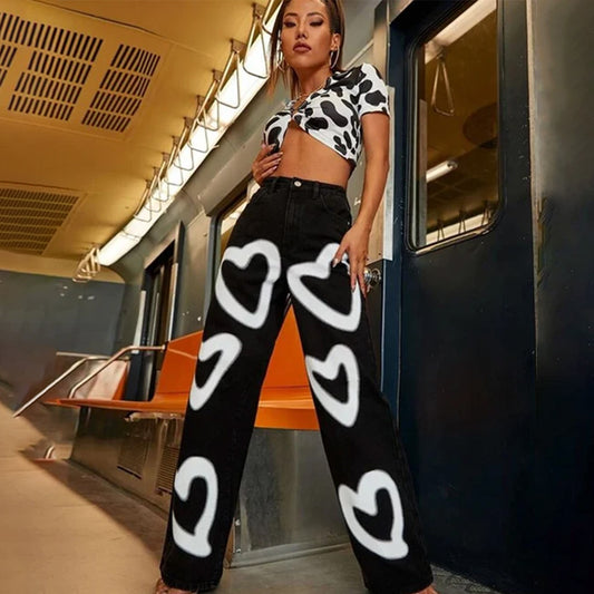 Heart Printed Black Wide Denim Jeans