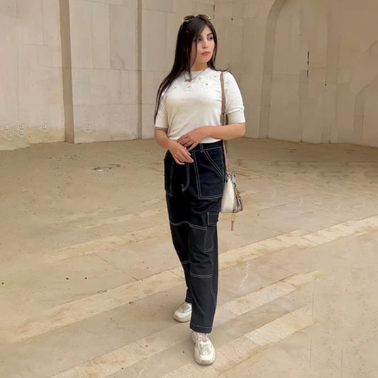 Black Thread Cotton Cargo Trouser