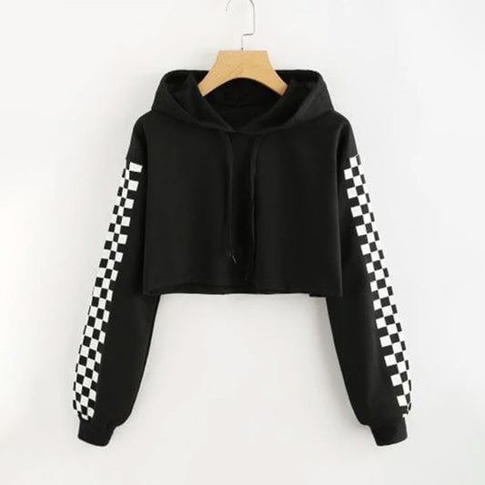 Chek Sleeves Crop Hoodie