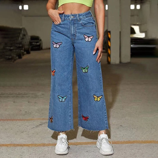 Mid Blue Butterfly Wide Leg Denim