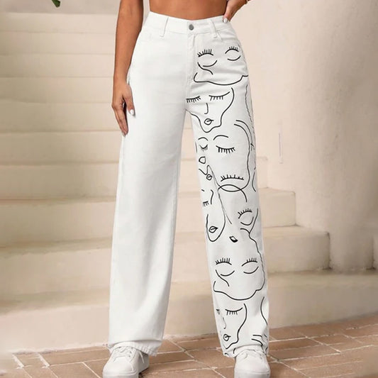 White Face Printed Wide Leg Denim Jeans