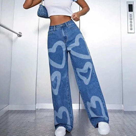 Mid Blue Big Heart Wide Leg Denim Jeans