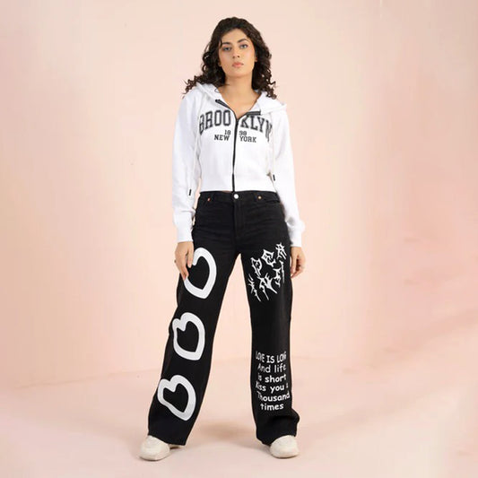 Heart And Text Wide Leg Denim Jeans