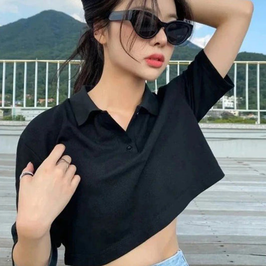 Black Basic Polo Crop Top