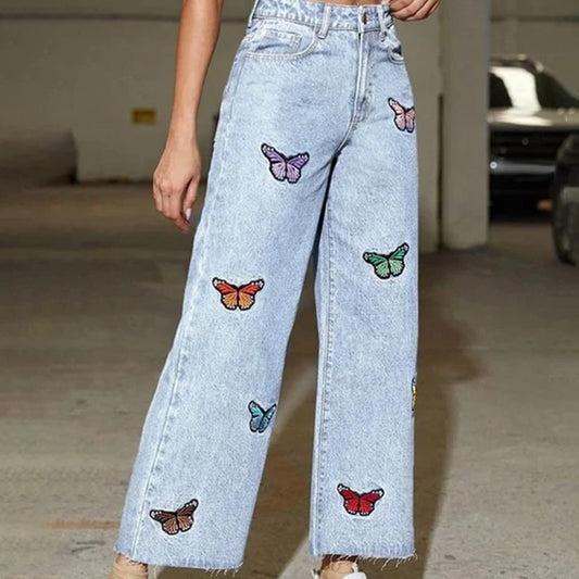 Ice Blue Butterfly Wide Leg Denim Jeans