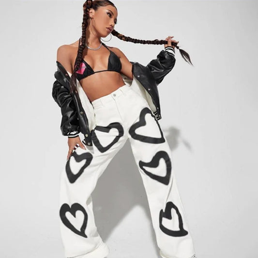 White Heart Printed Wide Leg Denim Jeans